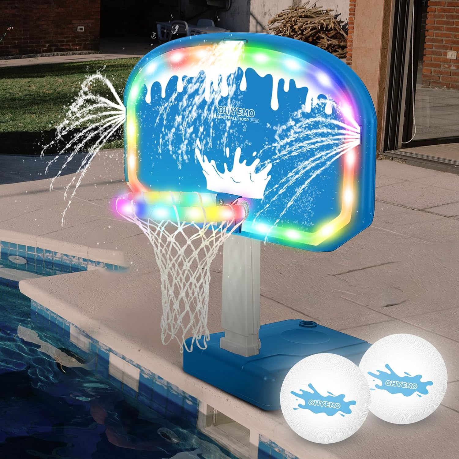 Basketball Hoop - Übergroßes LED-Pool-Basketball-Spielset mit 3-Wege-Sprinkler, 14-Zoll-Leuchtring, 2